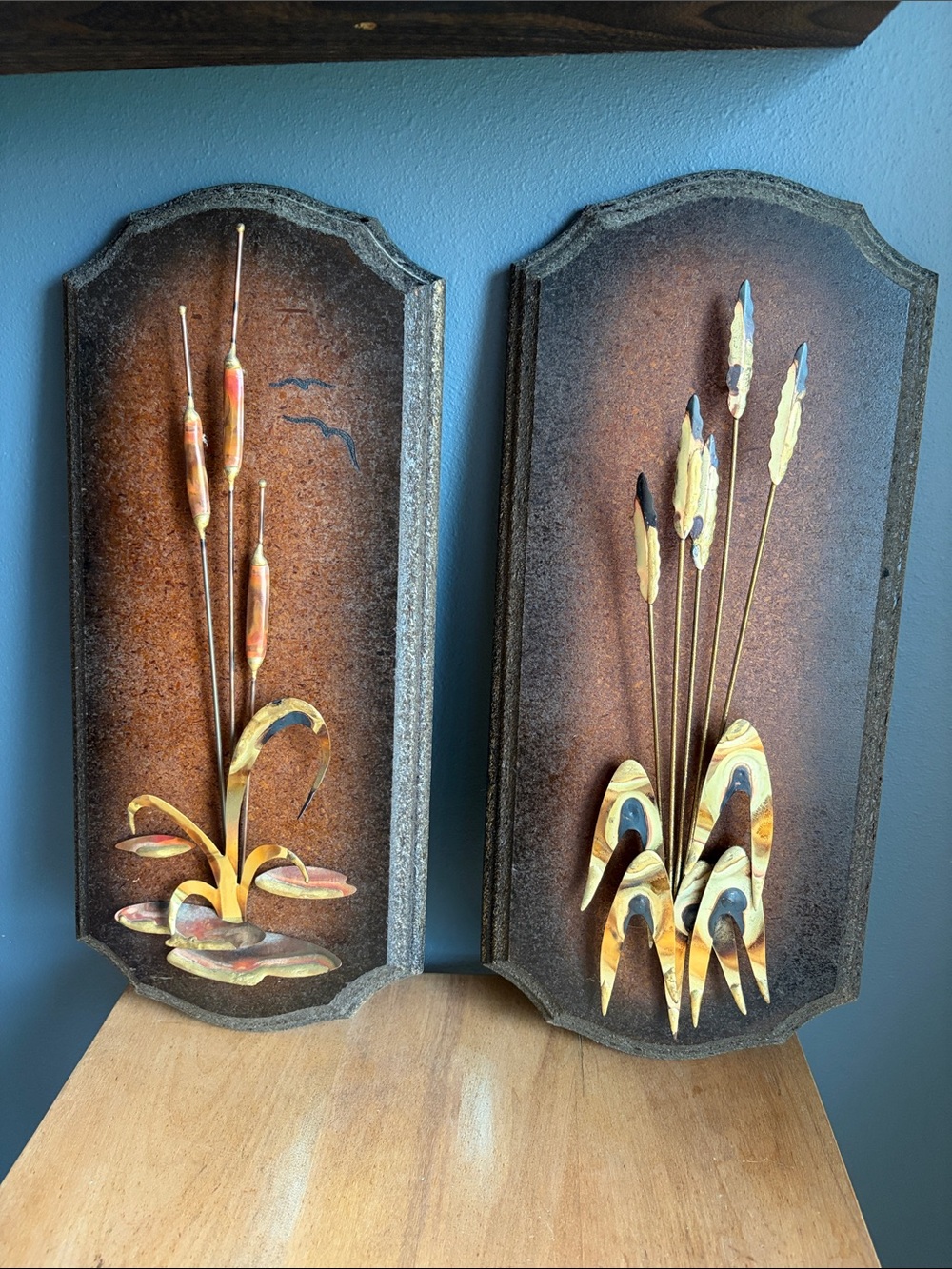 Vintage Pair of Brass Copper Cattails Metal Wall Art Coastal Midcentury
